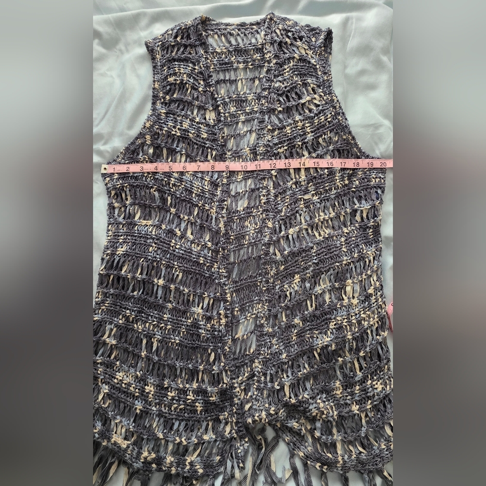 Chico's Women's Vest Duster Blue/Gray Nylon Open Front Knit Fringe Boho Size M-L - Picture 3 of 13